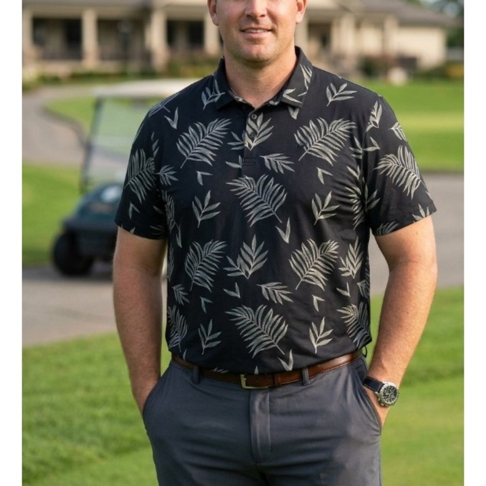 Travis Mathew Mens XXXL Black Tropical‎ Leaf Print Short Sleeve Polo Shirt 3XL